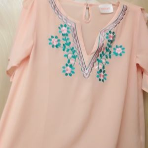 Blush Pink Embroidered Floral Top Boho  L MOON